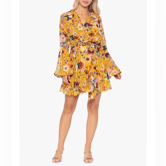 BETSEY & ADAM Yellow Floral Faux Wrap Mini Dress Long Sleeve Cocktail Size 4 New - Picture 14 of 14